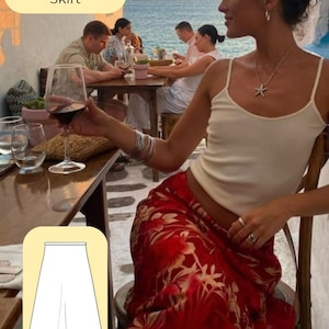 Puede incluir: Falda de verano floral roja con un diseño fluido. La falda presenta un vibrante estampado de flores rojas y beige. La imagen también incluye una camiseta sin mangas blanca y una copa de vino tinto. El texto "Floral Summer Skirt" está en un cuadro amarillo.