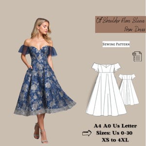 May include: A sewing pattern for an off-the-shoulder, flare-sleeve prom dress. The pattern includes sizes US 0-30 and XS to 4XL. The pattern is available in A4, A0, and US Letter sizes.