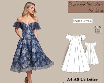Off Shoulder Flare Sleeve Dress Sewing Pattern (XXS-4XL) (PDF Pattern)