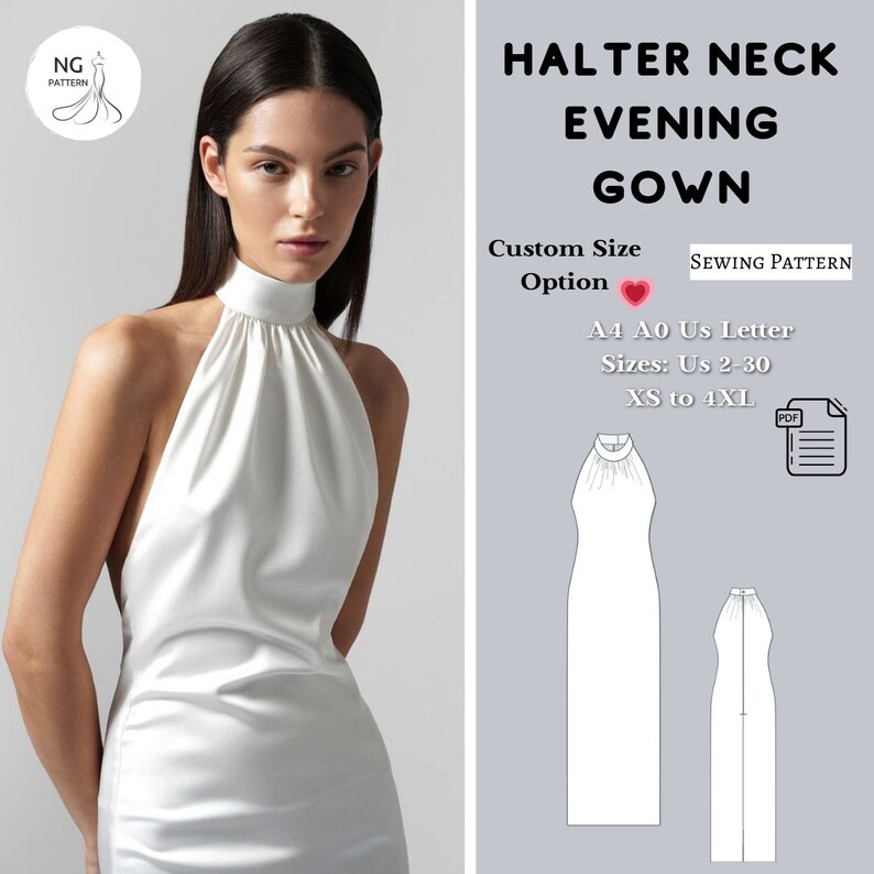 Halter Neck Evening Gown Sewing Pattern, Halter Neck Dress, Prom Dress