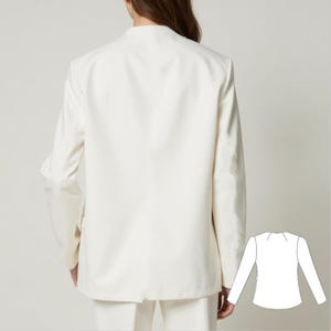 May include: A white blazer with long sleeves and a simple design. The blazer has a collar and a button closure. The blazer is made of a lightweight fabric and is perfect for layering.
