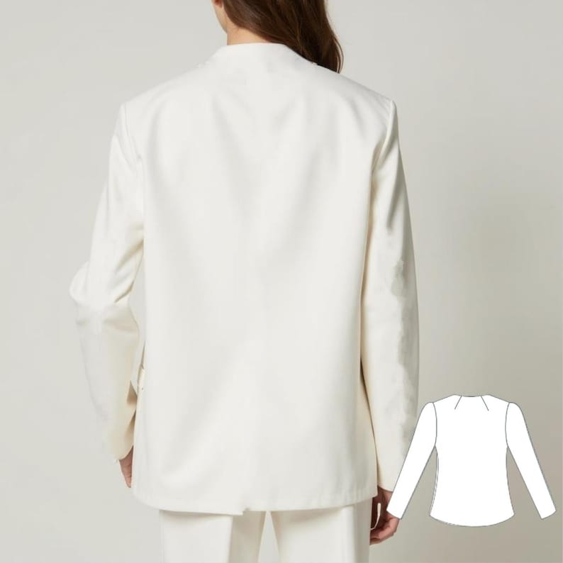 May include: A white blazer with long sleeves and a simple design. The blazer has a collar and a button closure. The blazer is made of a lightweight fabric and is perfect for layering.