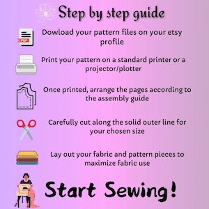 May include: A step-by-step guide with text and illustrations on a purple background. Instructions include downloading pattern files, printing, arranging pages, cutting, and laying out fabric. The text says "Start Sewing!"