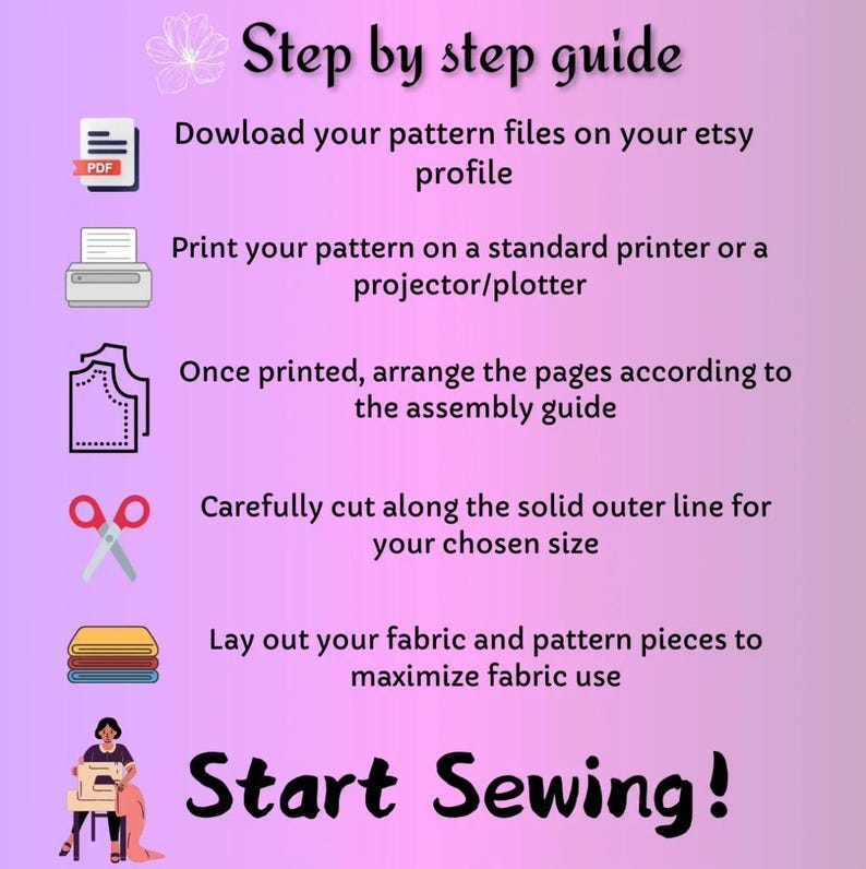 May include: A step-by-step guide with text and illustrations on a purple background. Instructions include downloading pattern files, printing, arranging pages, cutting, and laying out fabric. The text says "Start Sewing!"