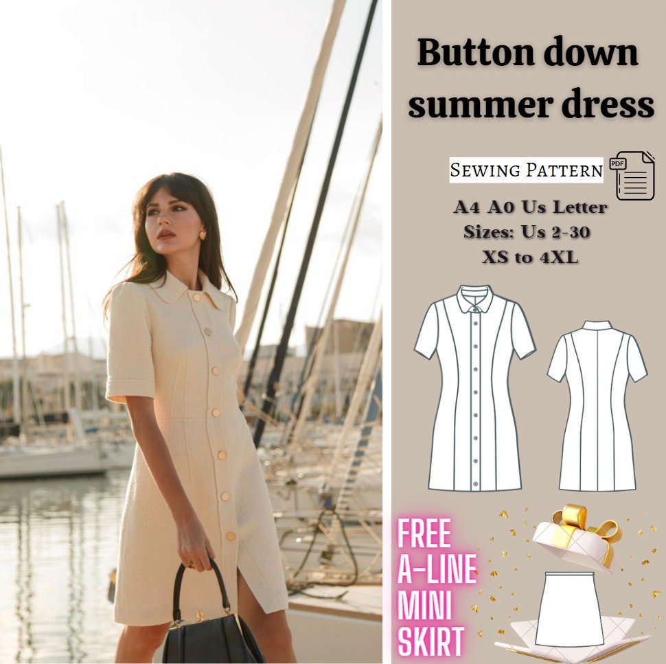 Button Down Summer Dress Sewing Pattern A Line Dress Button Front Dress Million Button Dress Anniversary Dress Summer Dress XS 4XL Etsy