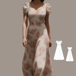 Peut inclure: Une robe maxi blanche à imprimé floral et manches bouffantes. La robe a un décolleté en V et un corsage ajusté. La jupe est ample et tombe aux chevilles.