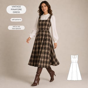 May include: A brown and black plaid pinafore dress with a square neckline and a flared skirt, worn over a white long-sleeved blouse. The image includes text reading VINTAGE PINAFORE DRESS, pdf patterns, and XXS to 4XL Size Options, plus a line drawing.