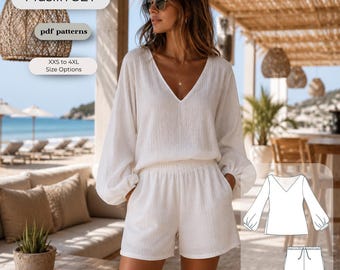 May include: A white muslin two-piece set consisting of a long-sleeved top with a V-neckline and matching shorts with an elastic waistband. The image includes text labels reading Muslin SET, pdf patterns, and XXS to 4XL Size Options.