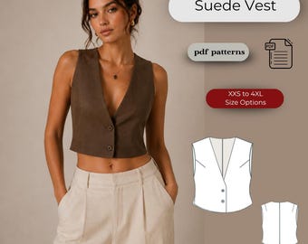 Suede Vest Sewing Pattern, Deep V Neck, Tailored Waistcoat, Sleeveless Top (PDF)