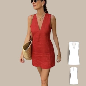 Può includere: Un abito rosso senza maniche con una profonda scollatura a V. L'abito è aderente e ha una lunghezza mini. Un modello per l'abito è mostrato sul lato destro dell'immagine.