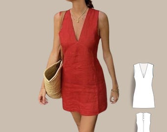 Linen Mini V-Neck Summer Dress Sewing Pattern (PDF Pattern)