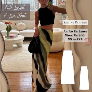 May include: A sewing pattern for a full-length A-line skirt. The pattern is available in sizes XS to 4XL and comes in A4 or A0 paper sizes. The pattern is for UK sizes 6-22.