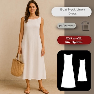May include: A woman in a white boat neck linen dress. The dress is sleeveless and reaches the mid-calf. The image includes text: "Boat Neck Linen Dress", "pdf patterns", and "XXS to 4XL Size Options". She carries a straw tote bag and wears sandals.