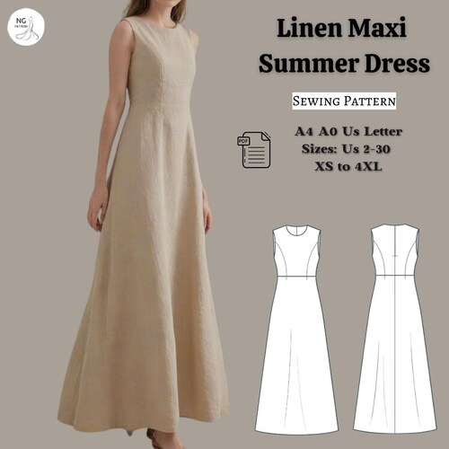 Linen Maxi Dress Sewing Pattern: Cottagecore A-Line (XS-4XL) (Digital Download)