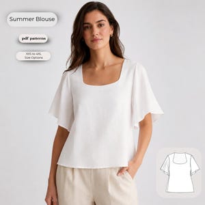 May include: A white blouse with a square neckline and short flutter sleeves. The image includes text labels reading Summer Blouse, pdf patterns, and XXS to 4XL Size Options, along with a technical line drawing of the garment design.