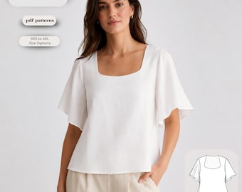 Summer Blouse Sewing Pattern | Square Neck Flutter Sleeve Top (PDF Download)