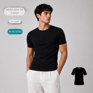 Könnte beinhalten: Ein schwarzes kurzärmeliges T-Shirt mit Rundhalsausschnitt und schmaler Passform. Das Bild enthält den Text: MEN's Slim Fit T-Shirt, pdf patterns und 36-56 SIZES. Ein kleines schwarzes T-Shirt-Symbol ist in der unteren rechten Ecke zu sehen.