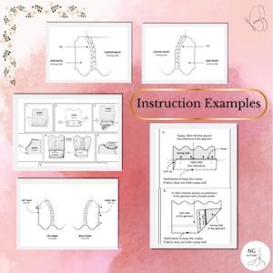 May include: A sewing pattern instruction sheet with examples of how to sew a garment. The instructions include how to stitch a hemline around the circumference of the garment, and how to hand baste to keep the crease.