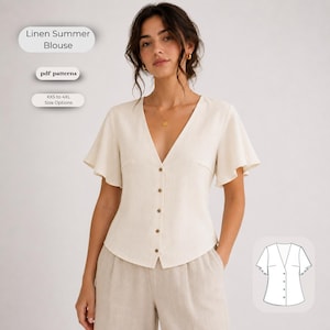 Könnte beinhalten: Eine cremefarbene Leinenbluse mit tiefem V-Ausschnitt, kurzen, ausgestellten Ärmeln und einer durchgehenden Knopfleiste vorne. Das Bild enthält die Texte Linen Summer Blouse, pdf patterns und XXS to 4XL Size Options.
