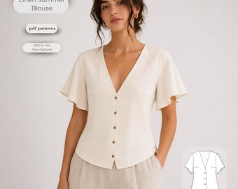Linen Summer Blouse Sewing Pattern | Deep V-Neck Flutter Sleeve Top (Digital Pattern)