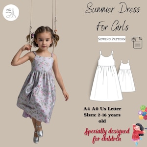 以下が含まれることがあります： 女の子用の夏のドレスの縫製パターン。パターンは2〜16歳用で、A4、A0、USレター用紙に印刷されています。パターンは子供向けに設計されており、ドレスの縫製方法が記載されています。