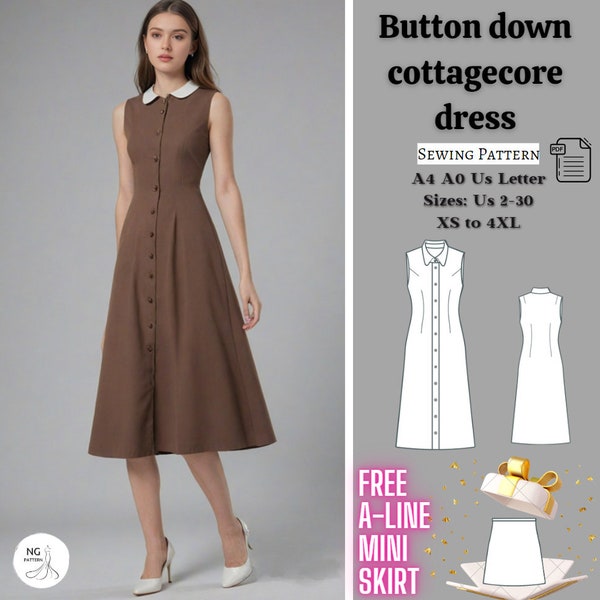 Button Down Cottagecore Midi Dress Sewing Pattern, Button Front Dress, Cottagecore Dress, Million Button Dress, Milkmaid Dress, XS-4XL