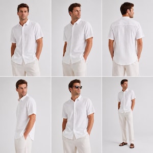 May include: A short-sleeved white button-down shirt with a collar and a textured fabric finish. The shirt is shown from multiple angles, including front, side, and back views, paired with light-coloured trousers and brown sandals.