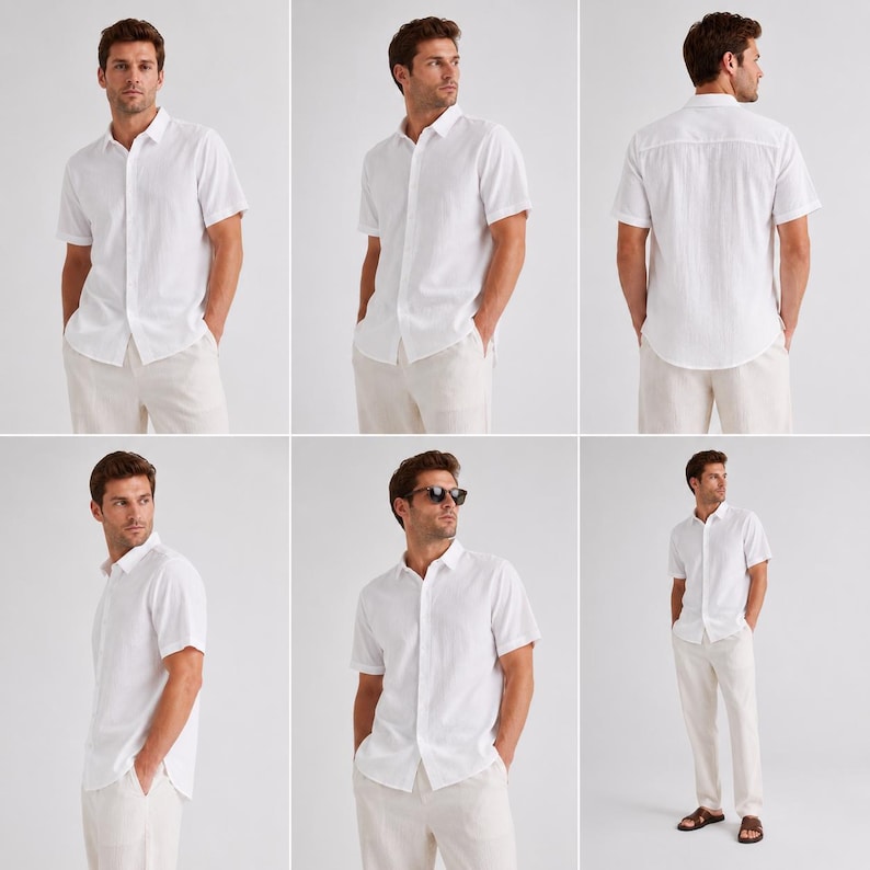 May include: A short-sleeved white button-down shirt with a collar and a textured fabric finish. The shirt is shown from multiple angles, including front, side, and back views, paired with light-coloured trousers and brown sandals.