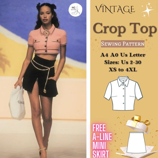 vintage crop top sewing pattern, collared crop top, crop shirt, button front crop top, button down shirt,  A4 A0 US 2-30, XS-4XL