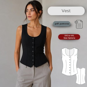 Op de afbeelding: Een zwarte vest met een ronde hals en een knoopsluiting. De vest wordt gedragen over een grijze broek. Tekst op de afbeelding luidt "Vest", "pdf patterns" en "XXS to 4XL Size Options". Een lijntekening van de vest is ook afgebeeld.