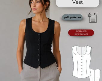 Tailored Vest Sewing Pattern, Scoop Neck Fitted Waistcoat (XXS-4XL) (Digital Download)