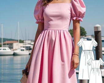 Schnittmuster für Midikleid mit Puffärmeln, Cottagecore-Sommerkleid (XS-4XL) (PDF-Muster)
