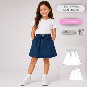 Girls Elastic Waist Denim Skirt Sewing Pattern | A-Line Kids PDF Pattern (2-16 Years)