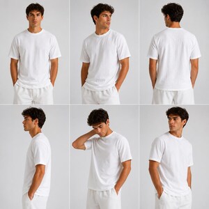 May include: A plain white short-sleeved t-shirt with a crew neckline. The garment is shown from multiple angles, including front, back, and side views, displaying a simple, solid-colored design with a standard fit and straight hemline.