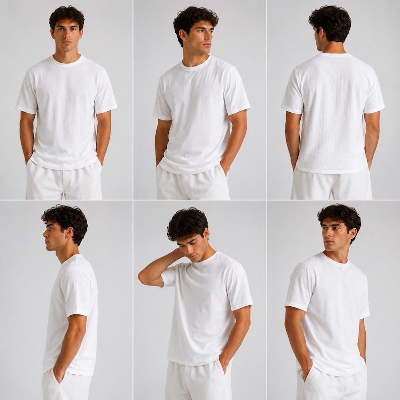 May include: A plain white short-sleeved t-shirt with a crew neckline. The garment is shown from multiple angles, including front, back, and side views, displaying a simple, solid-colored design with a standard fit and straight hemline.