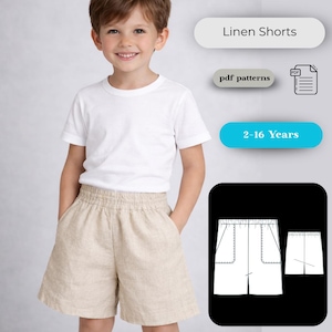 Puede incluir: Un niño con una camiseta blanca y pantalones cortos de lino beige con cintura elástica y bolsillos. La imagen incluye texto: "Linen Shorts", "pdf patterns" y "2-16 Years".