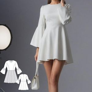 May include: A white dress with a round neckline and long bell sleeves. The dress has a fitted bodice and a flared skirt. The dress is shown on a model with a white handbag.