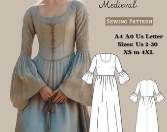 Renaissance Medieval Dress Sewing Pattern: XS-4XL (A4 A0)