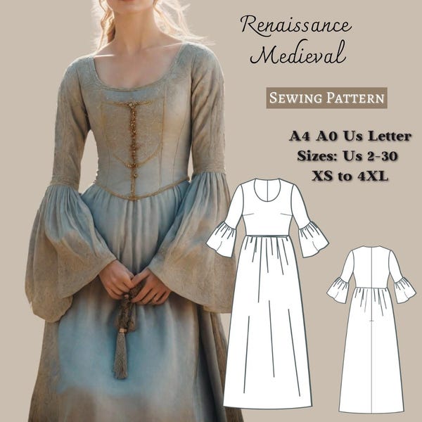 Patrón de costura para vestido medieval renacentista: XS-4XL (A4 A0)