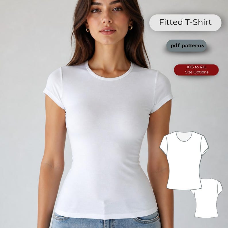 May include: A white fitted T-shirt with short sleeves. The shirt is shown on a model. Text on the image reads "Fitted T-Shirt", "pdf patterns", and "XXS to 4XL Size Options". A line drawing of the shirt is also shown.