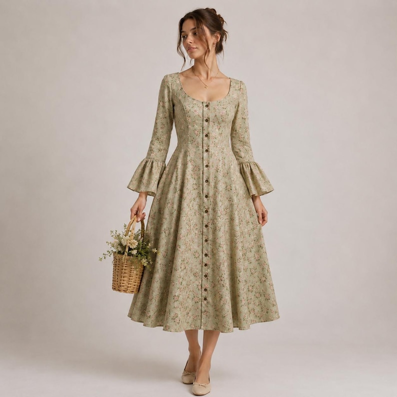 May include: A midi-length dress in a light beige fabric featuring a delicate floral pattern. The dress has long sleeves with flared cuffs, a scoop neckline, and a full skirt. A vertical row of buttons runs down the center front of the bodice.