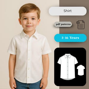 May include: A young child wearing a white short-sleeved shirt with a button-down collar. The image includes the text "Shirt", "pdf patterns", and "2-16 Years". A diagram of the shirt is also shown.