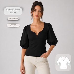 Op de afbeelding: Een zwarte blouse met pofmouwen en een hartvormige halslijn. De tekst op de afbeelding luidt Bishop Sleeve Blouse, pdf patterns en XXS to 4XL Size Options. Een witte lijntekening van de blouse is rechtsonder in de hoek weergegeven.