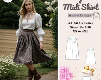 Cottagecore Midi Skirt Sewing Pattern, Wool Skirt Pattern, Vintage Skirt, Midi Skirt Pattern, Milkmaid Skirt, Summer Skirt, A4 A0 XS-4XL
