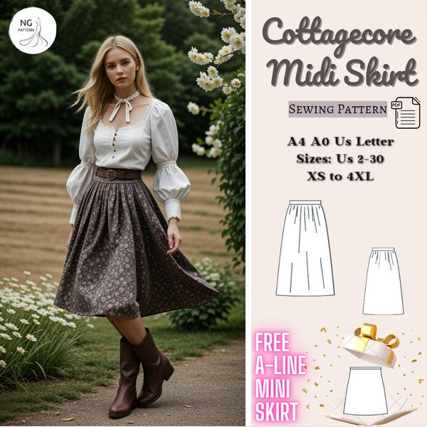 Cottagecore Midi Skirt Sewing Pattern, Wool Skirt Pattern, Vintage Skirt, Midi Skirt Pattern, Milkmaid Skirt, Summer Skirt, A4 A0 XS-4XL