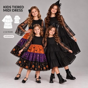 May include: A kids tiered midi dress sewing pattern featuring long sheer sleeves with spiderweb patterns. The design includes a solid black bodice and a multi-tiered skirt available in solid black or a Halloween print with pumpkins and bats.