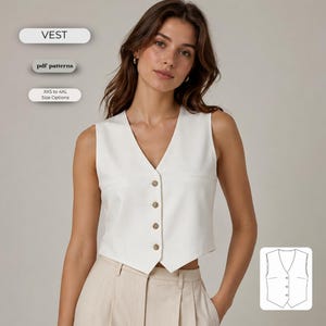 May include: A sleeveless white vest featuring a V-neckline and four brown buttons down the front. Text on the image reads VEST, pdf patterns, and XXS to 4XL Size Options. A small line drawing of the vest is included in the bottom right corner.