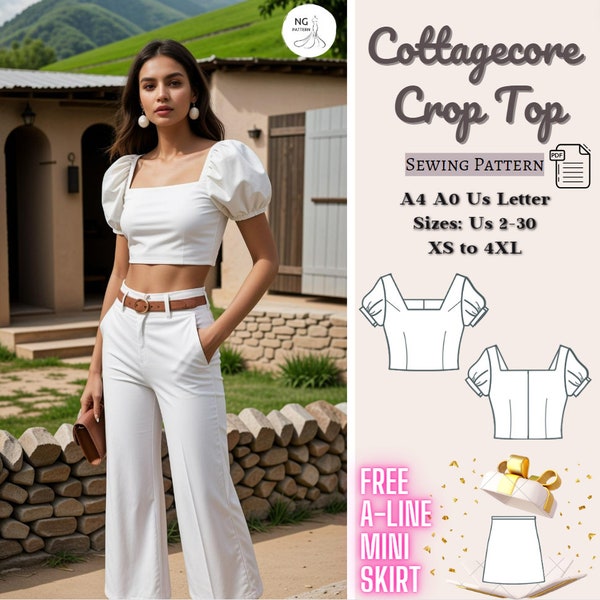 Cottagecore Crop Top Sewing Pattern, Puff Sleeve Top, Milkmaid Blouse, Crop Top Pattern, Summer Crop Top, Crop Blouse Pattern, XS-4XL