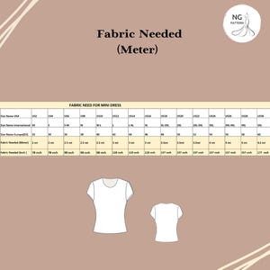 May include: A beige chart with size information for a mini dress, including fabric needed in meters and inches. The chart includes sizes from US2 to US30, with corresponding international and European sizes. Two white t-shirt illustrations are at the bottom.