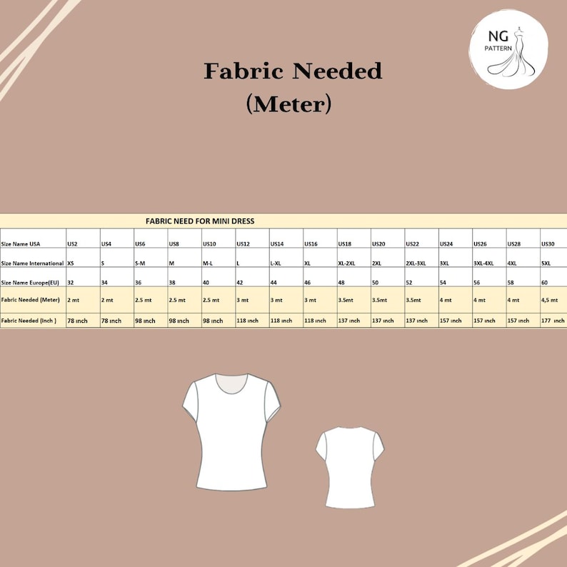 May include: A beige chart with size information for a mini dress, including fabric needed in meters and inches. The chart includes sizes from US2 to US30, with corresponding international and European sizes. Two white t-shirt illustrations are at the bottom.